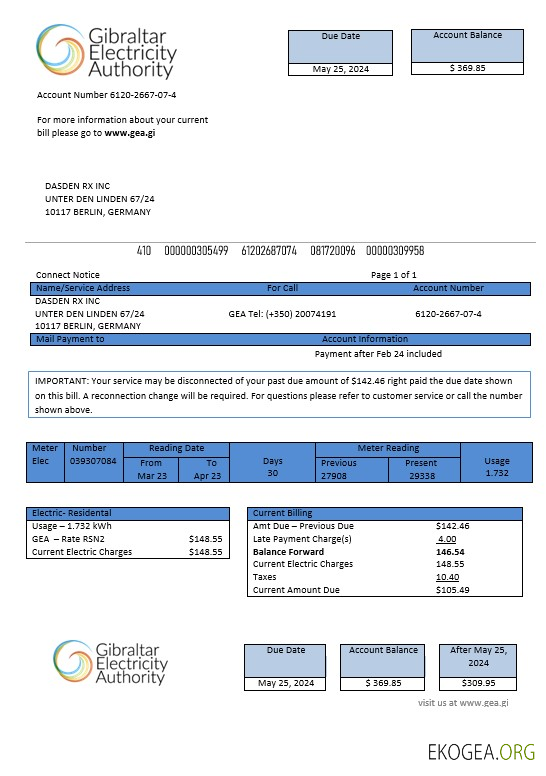 Modèle Word et PDF de facture de services publics de la Gibraltar Electricity Authority